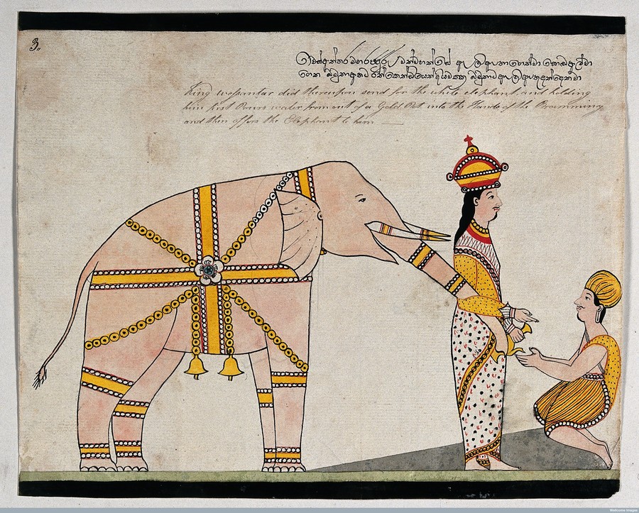 Prince Vessantara offers an elephant to the seven brahmins from Kalinga. 