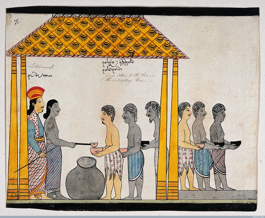 The representative of the people of Jetuttara gives alms to the poor in the victualling rooms.